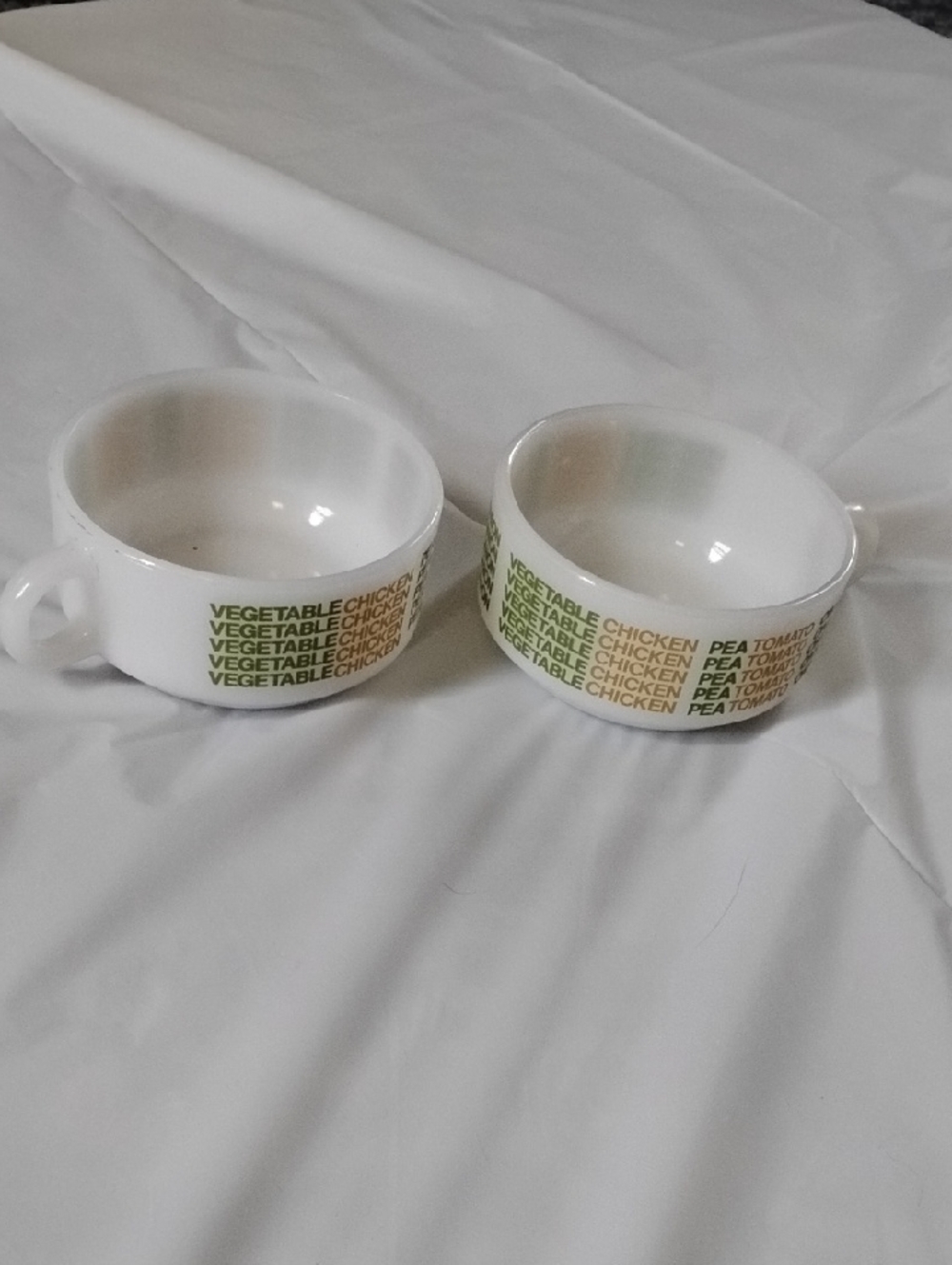 Glasbake Vintage White Soup Bowls with Green Text Pattern
